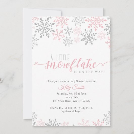 雪片ベビーシャワー、ベビーガール、ピンクの冬 招待状 (正面)