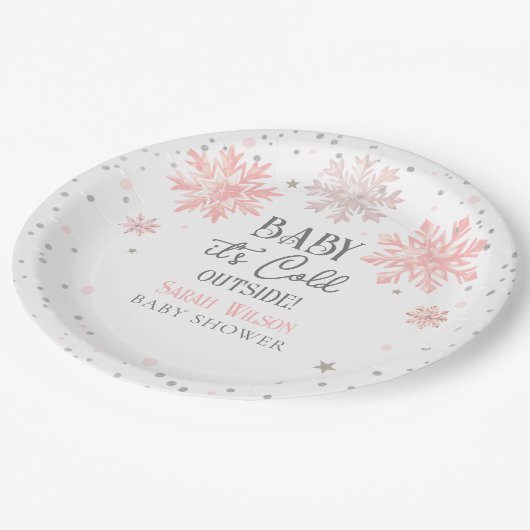 雪片ベビーベビシャワーピンク外は寒い ペーパープレート (アングル)