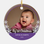 雪片ベビー初めてのクリスマスフォトパープル セラミックオーナメント (裏面)