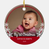 雪片ベビー初めてのクリスマスフォトレッド セラミックオーナメント (裏面)