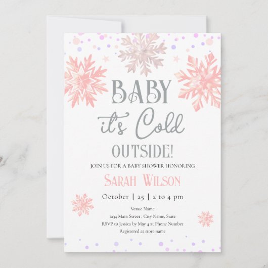 雪片ベビー外は寒いベイビーシャワーピンク 招待状 (正面)