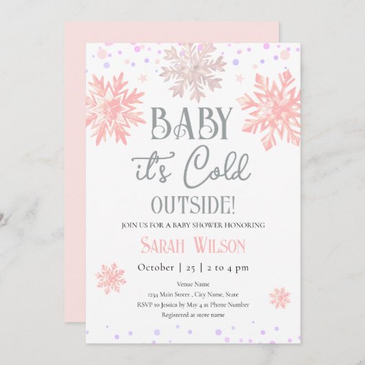 雪片ベビー外は寒いベイビーシャワーピンク 招待状 (正面/裏面)