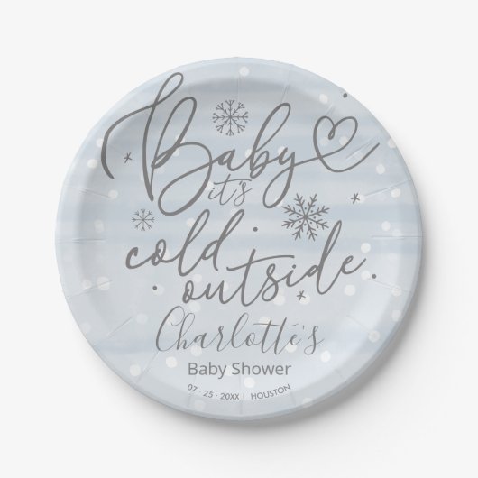 雪片ベビー外は寒い男の子の赤ちゃんシャワー ペーパープレート (正面)