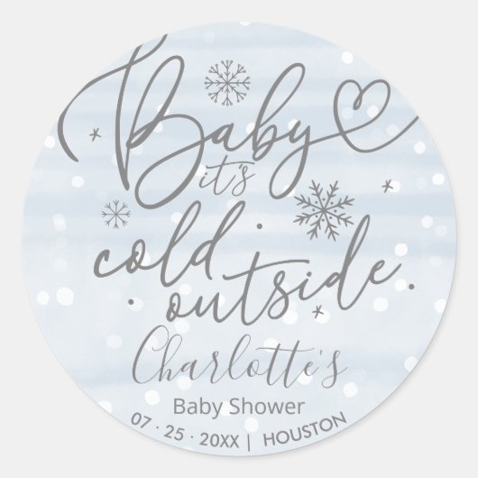 雪片ベビー外は寒い男の子の赤ちゃんシャワー ラウンドシール (正面)