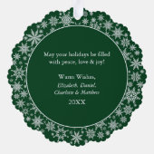 雪片モダングリーンメリークリスマスフォト オーナメントカード (裏面)