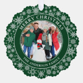 雪片モダングリーンメリークリスマスフォト オーナメントカード (正面)