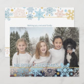 雪片モダンピンクブルー金ゴールドクリスマス写真 シーズンカード (正面/裏面)