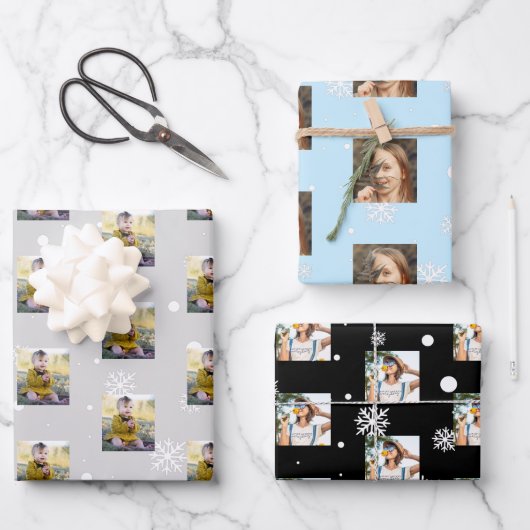 雪片モダン写真コラージュ模様クリスマス ラッピングペーパーシート (正面)