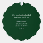 雪片モダン写真ハッピーホリデイズグリーン オーナメントカード (裏面)