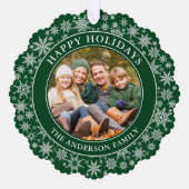 雪片モダン写真ハッピーホリデイズグリーン オーナメントカード (正面)