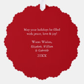 雪片モダン写真ハッピーホリデイズレッド オーナメントカード (裏面)