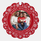 雪片モダン写真ハッピーホリデイズレッド オーナメントカード (正面)