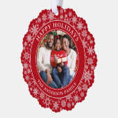 雪片モダン写真ハッピーホリデイズレッド オーナメントカード (左)