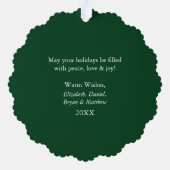 雪片モダン写真メリークリスマスグリーン オーナメントカード (裏面)