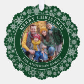 雪片モダン写真メリークリスマスグリーン オーナメントカード (正面)