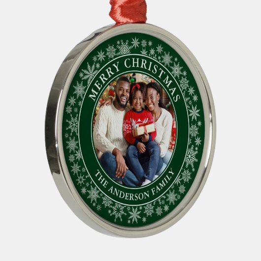 雪片モダン写真メリークリスマスグリーン メタルオーナメント (右)