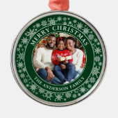 雪片モダン写真メリークリスマスグリーン メタルオーナメント (正面)