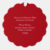 雪片モダン写真メリークリスマスレッド オーナメントカード (裏面)