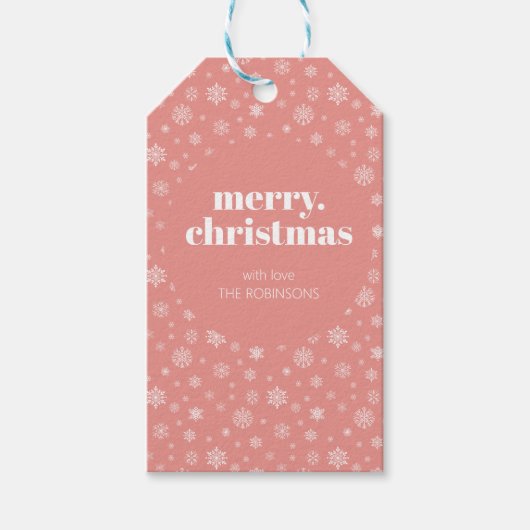 雪片モダン模様のメリークリスマスピンク ギフトタグ (正面)