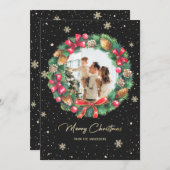 雪片リース金ゴールドブラックフォトクリスマス シーズンカード (正面/裏面)
