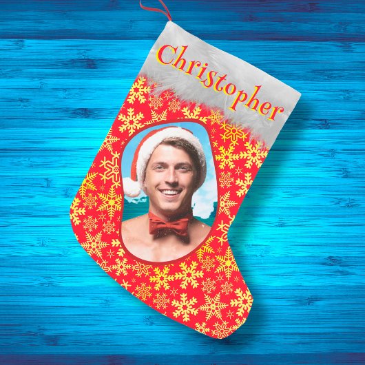 雪片レッド&金ゴールドエレガントフェスティバル写真名 スモールクリスマスストッキング