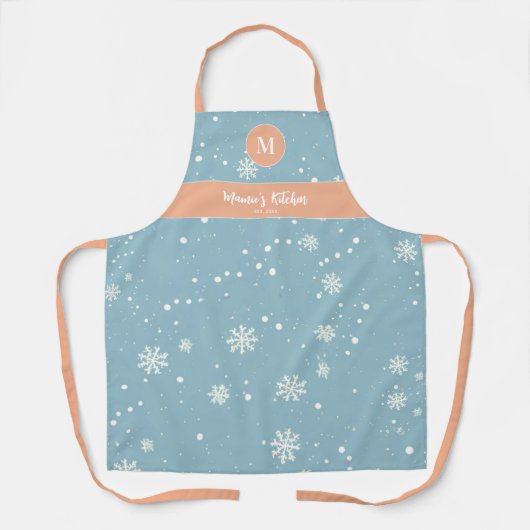 雪片ヴィンテージブルーピーチピンクモノグラムギフト エプロン (正面)