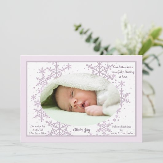 雪片写真フレームピンクの誕生発表 招待状 (スタンド正面)