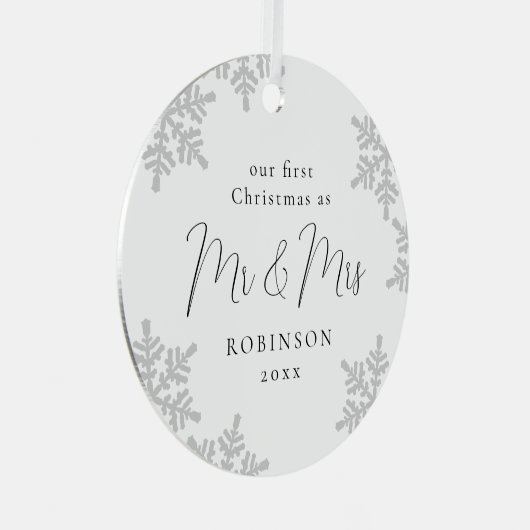 雪片初めてのクリスマスのMr&Mrs Script Met メタルオーナメント (正面右)