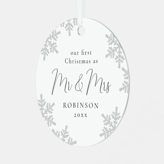 雪片初めてのクリスマスのMr&Mrs Script Met メタルオーナメント (正面左)