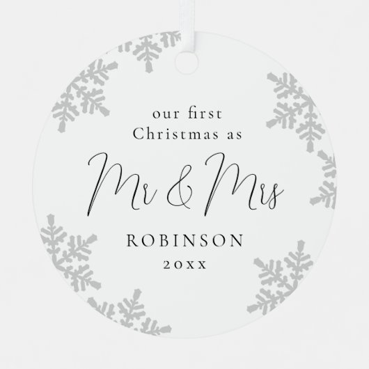 雪片初めてのクリスマスのMr&Mrs Script Met メタルオーナメント (正面)