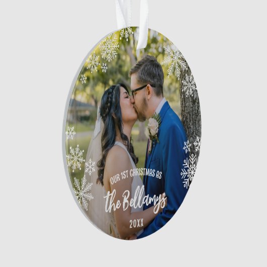 雪片初めてのクリスマス結婚したの姓 オーナメント (正面)