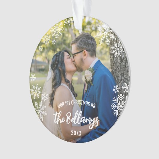 雪片初めてのクリスマス結婚したの姓 オーナメント (正面)