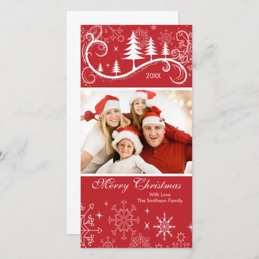 雪片及び木のメリークリスマスの家族写真 シーズンカード (正面/裏面)