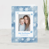 雪片男の赤ちゃんブルーフォト初めてのクリスマス シーズンカード (正面)