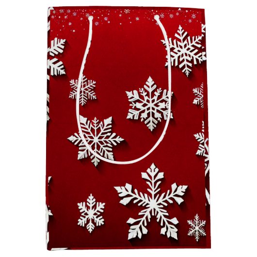 雪片赤と白クリスマス ミディアムペーパーバッグ (正面)