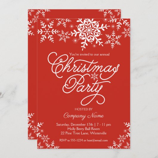 雪片赤のクリスマス企業の会社パーティー 招待状 (正面/裏面)