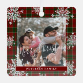 雪片2家族フォトレパーソナライズされたッドタータンチェック メタルオーナメント (正面)