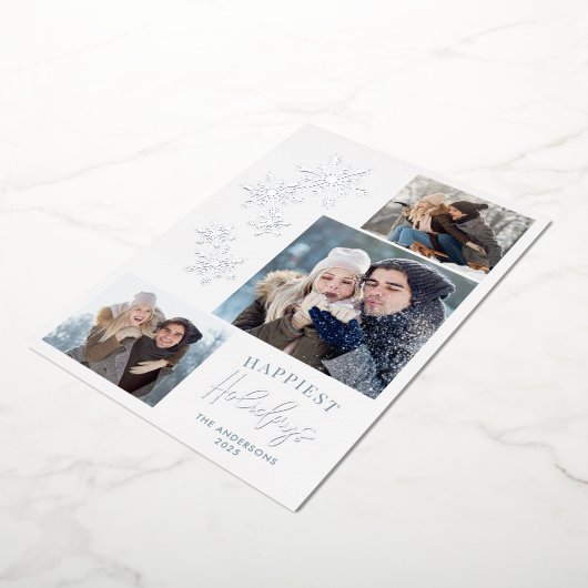 雪片3枚の写真で最も幸せなホリデーズシルバー 箔シーズンカード (回転した状態)