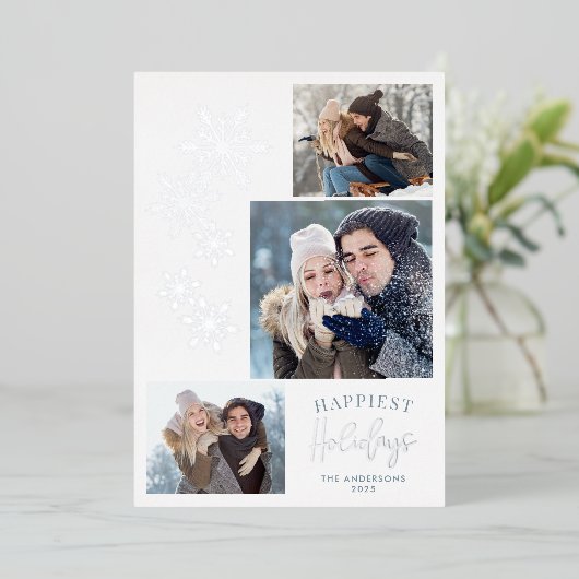 雪片3枚の写真で最も幸せなホリデーズシルバー 箔シーズンカード (立ち正面)