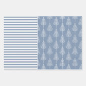 雪片、クリスマスツリーとストライプほこりっぽい青 ラッピングペーパーシート (正面3)