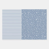 雪片、クリスマスツリーとストライプほこりっぽい青 ラッピングペーパーシート (正面2)