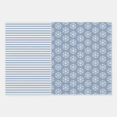 雪片、クリスマスツリーとストライプほこりっぽい青 ラッピングペーパーシート (正面)