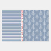 雪片、クリスマスツリーほこりっぽい青ストライプ色の赤 ラッピングペーパーシート (正面3)