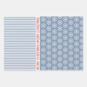 雪片、クリスマスツリーほこりっぽい青ストライプ色の赤 ラッピングペーパーシート (正面)