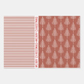 雪片、クリスマスツリーテラコッタストライプレッド ラッピングペーパーシート (正面3)