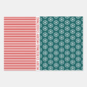 雪片、クリスマスツリーレッドストライプティール(緑がかった色)ブルー ラッピングペーパーシート (正面)