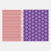 雪片、クリスマスツリー赤ストライプ色の青 ラッピングペーパーシート (正面)