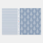 雪片、クリスマスツリー、ほこりっぽい青ストライプ色 ラッピングペーパーシート (正面3)