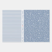 雪片、クリスマスツリー、ほこりっぽい青ストライプ色 ラッピングペーパーシート (正面2)