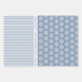 雪片、クリスマスツリー、ほこりっぽい青ストライプ色 ラッピングペーパーシート (正面)